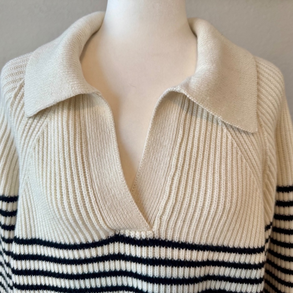 Tory Burch Striped 100% Wool Open Collar Sweater Collared Women's Size L - Picture 3 of 10